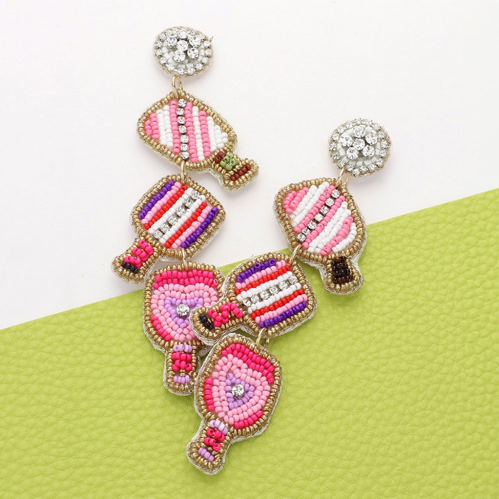 Pink Beaded PickleBall Earrings 3.75" Trend Dangle Paddle White